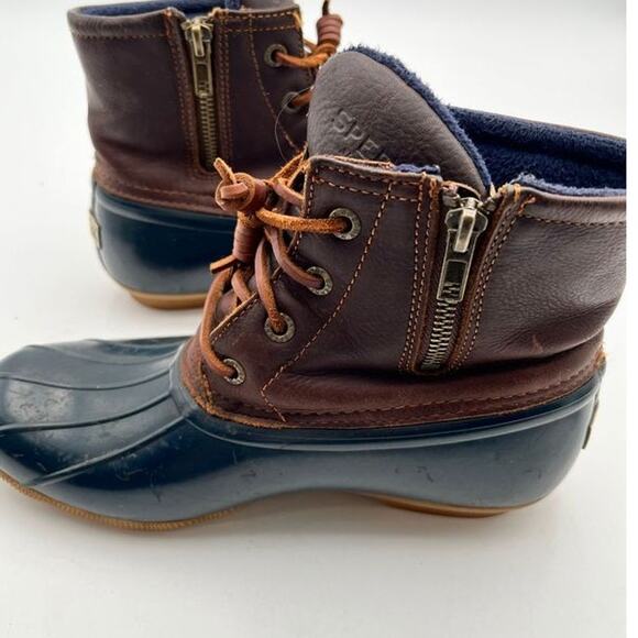 Sperry Saltwater Duck Boots Womens Size 7 Brown Leather Navy Rubber STS91175 - Picture 13 of 13